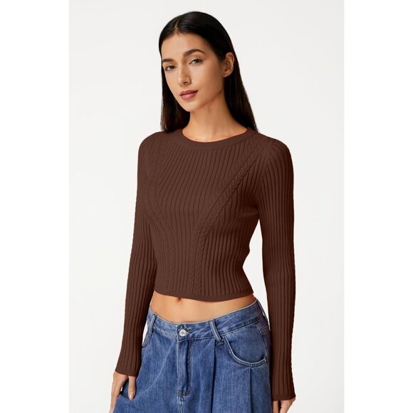 Womens Cable Knit Crewneck Sweater Slim Fit Crop Long Sleeve Pullover - Picture 2 of 6